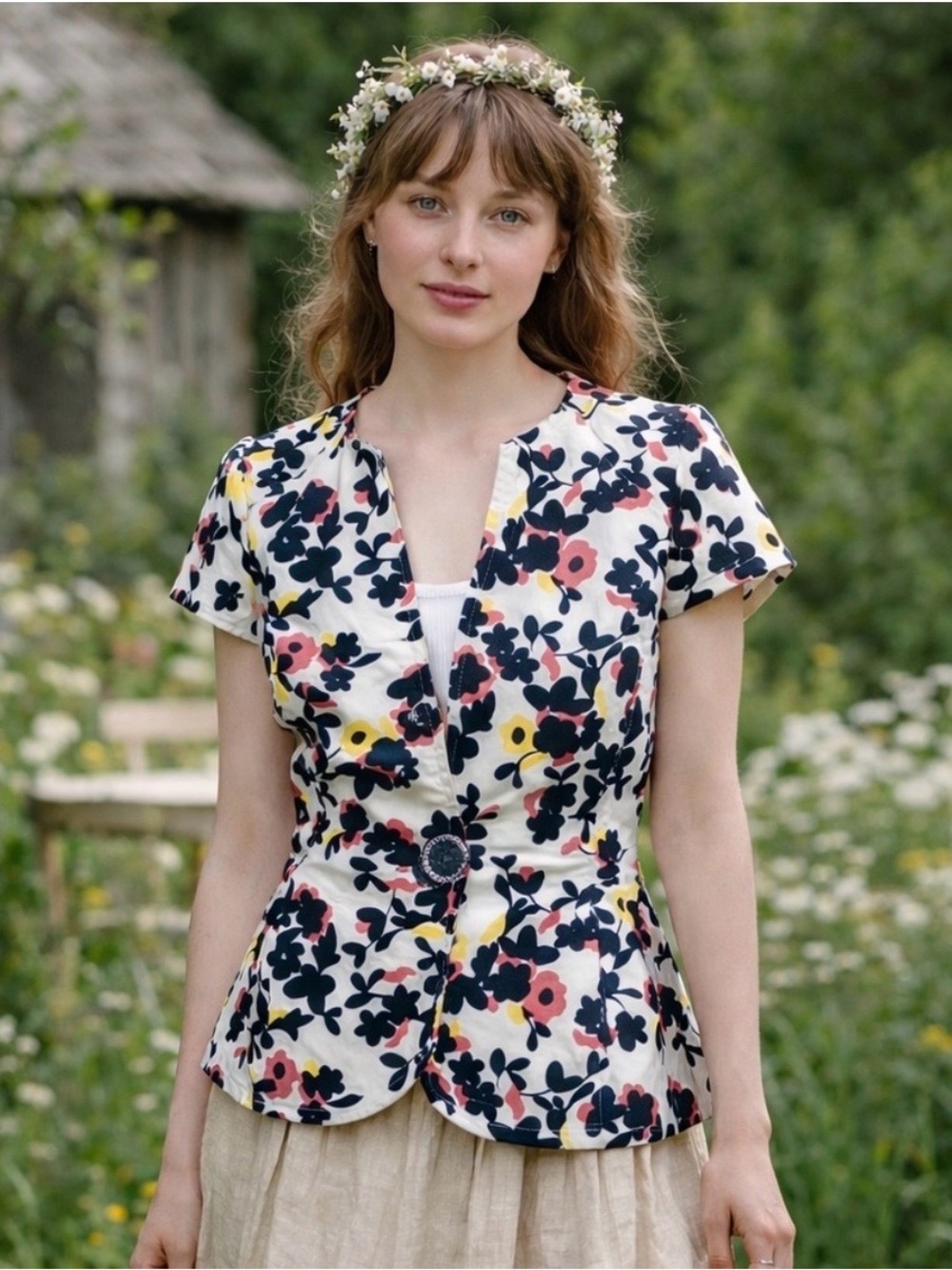Elevenses Anthropologie Peplum Jacket w/ Tulip Sleeves in Floral Pattern - Sz 10